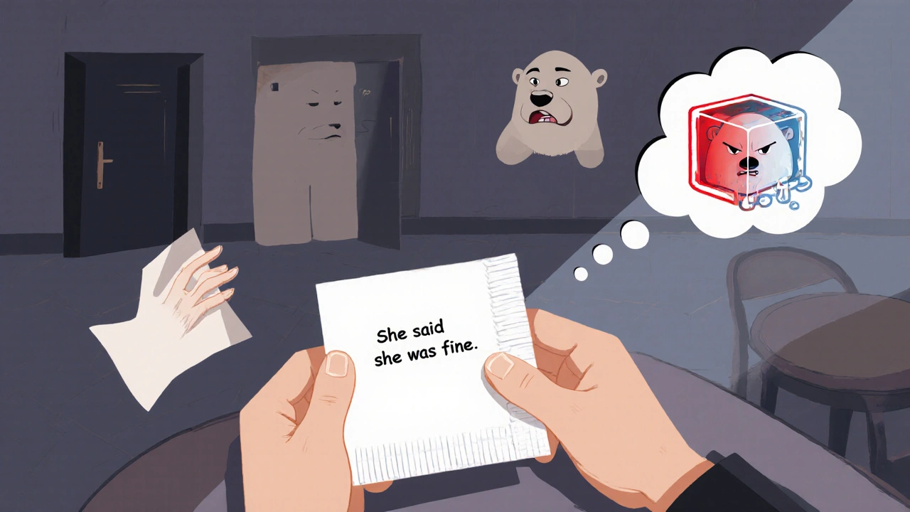 A quiet reader infers emotion from subtle clues like a trembling hand and closed door.