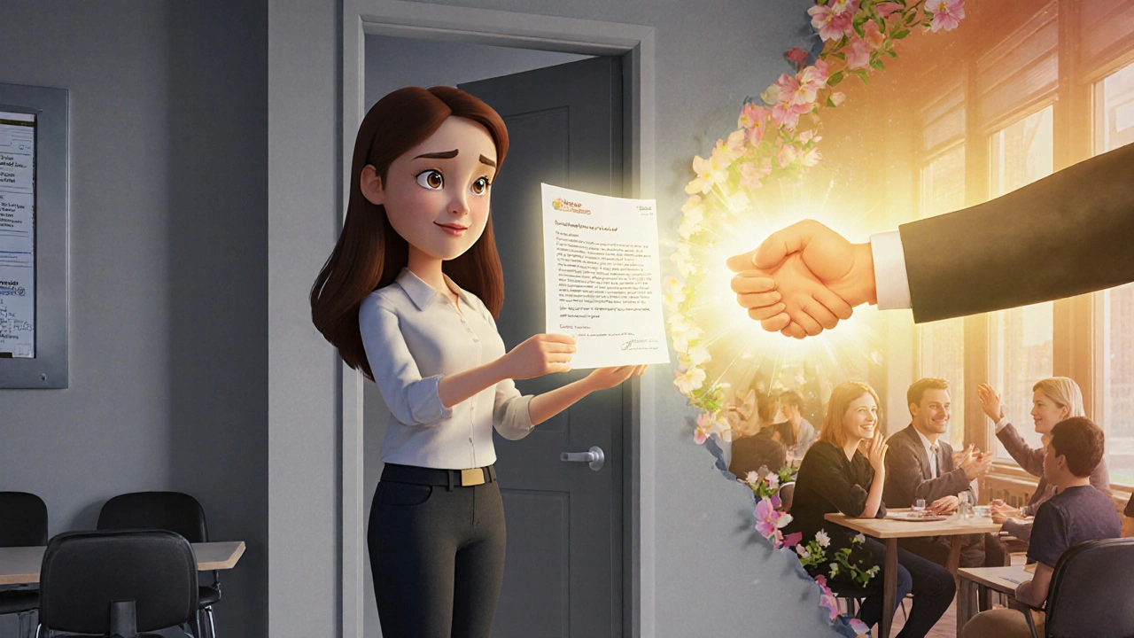 A student in a cold office with perfect grammar, suddenly warmed by a glowing cultural handshake.