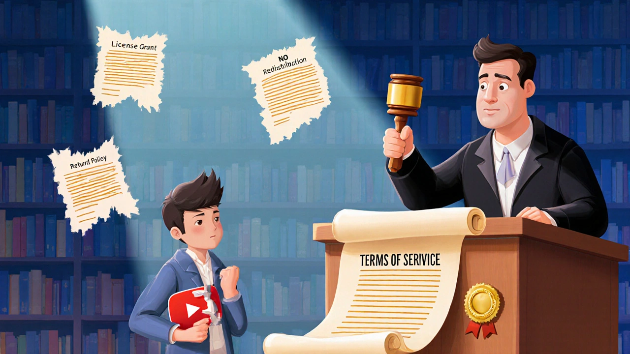 Cartoon courtroom with a judge made of books and a student caught redistributing course videos