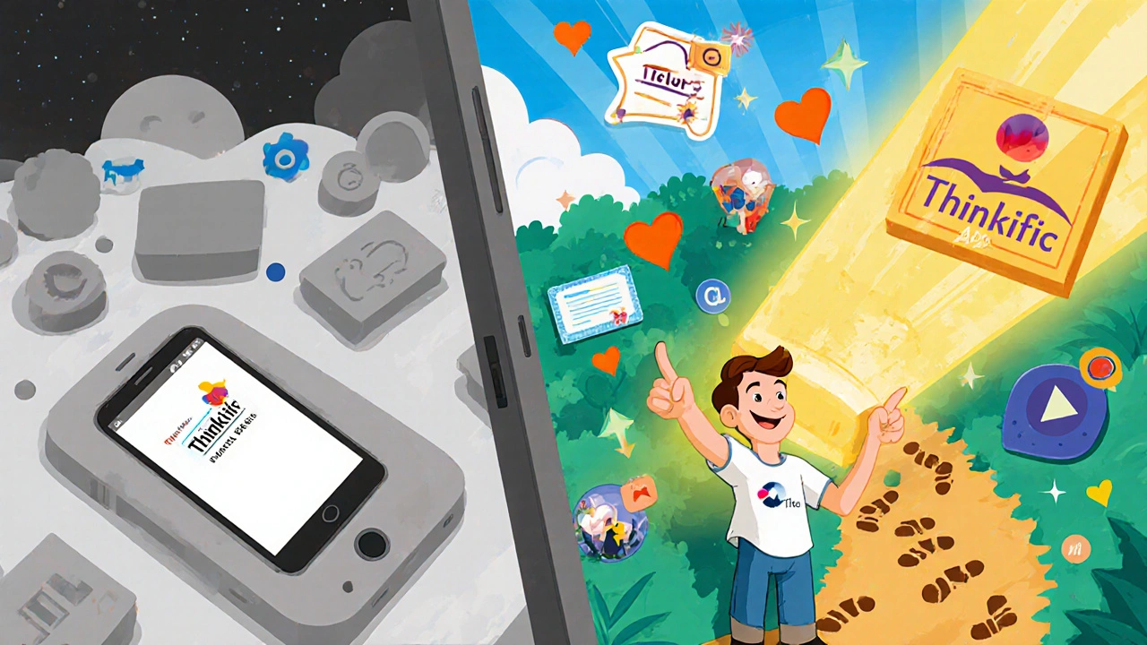 Contrasting generic app vs. branded app, with golden light shining from the custom app to a community of engaged users.