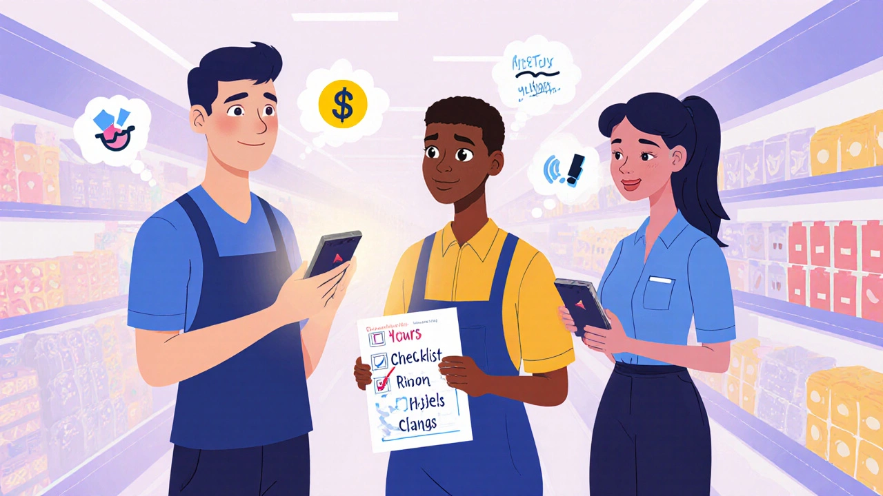 Employees in a retail store use handheld devices to view quick training clips before their shifts, glowing screens lighting their faces.