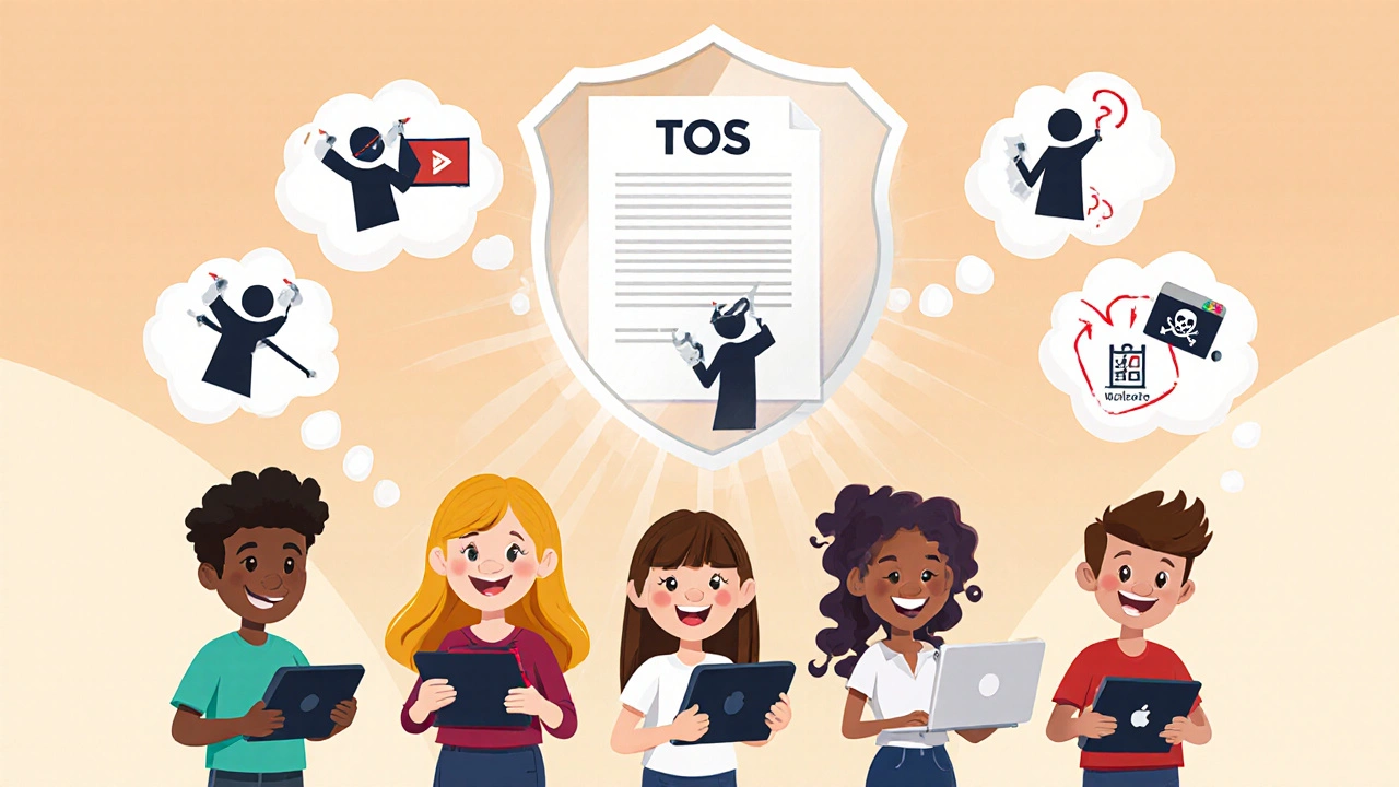 Happy students learning with a protective TOS shield blocking pirates from stealing content