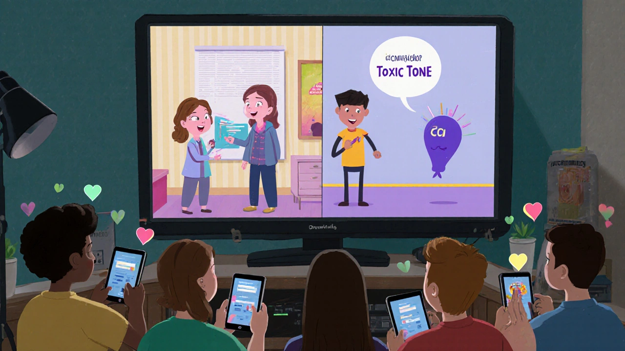 Instructor shows two contrasting scenes of respectful and toxic comments on a video screen, students reacting positively.