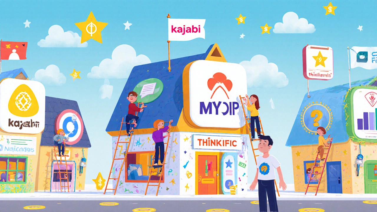 Whimsical app store with branded app houses glowing brightly as learners climb certificates and notifications to enter.