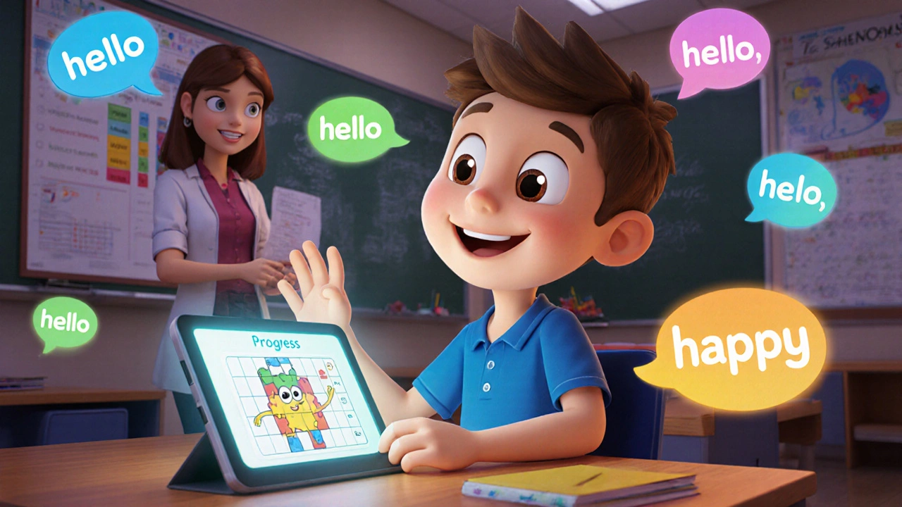A boy smiling at a friendly virtual character on a tablet during a social skills lesson.