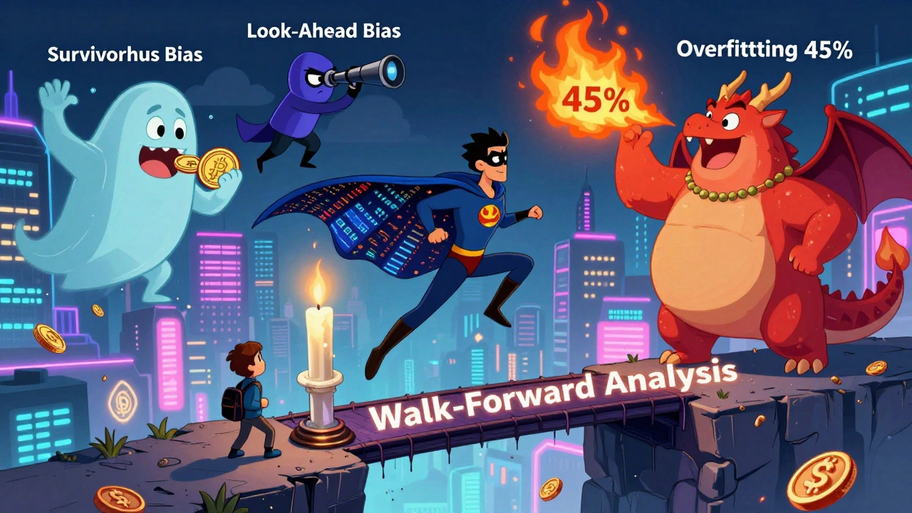 A candlestick hero dodging biases like survivorship, look-ahead, and overfitting in a vibrant crypto market.