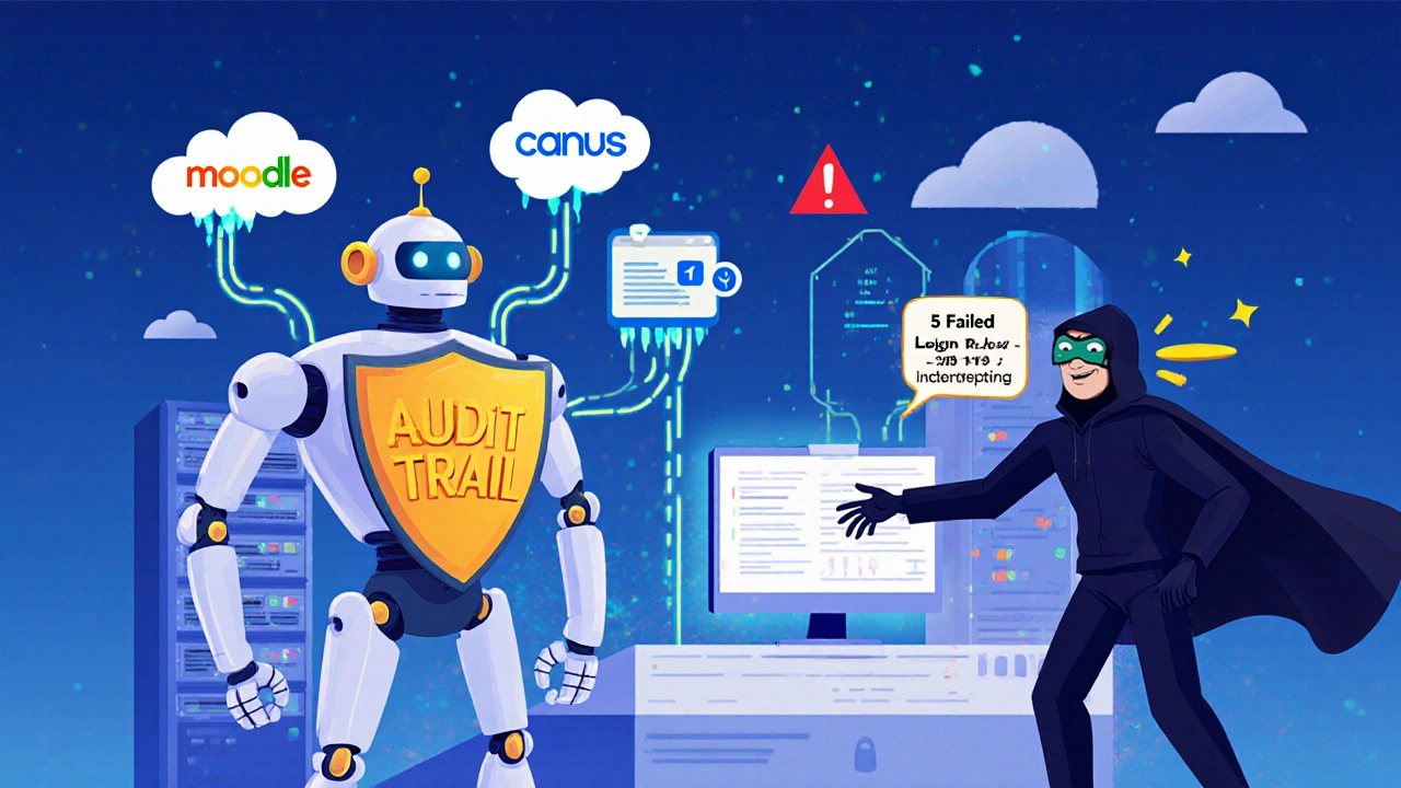 A cartoon SIEM robot connecting log streams from educational platforms while blocking a hacker in DreamWorks style.
