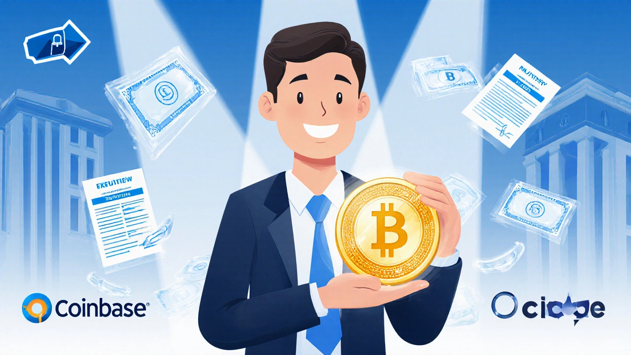 A clean figure holding a USDC coin with Treasury bills and audit reports floating around, in a calm financial setting.