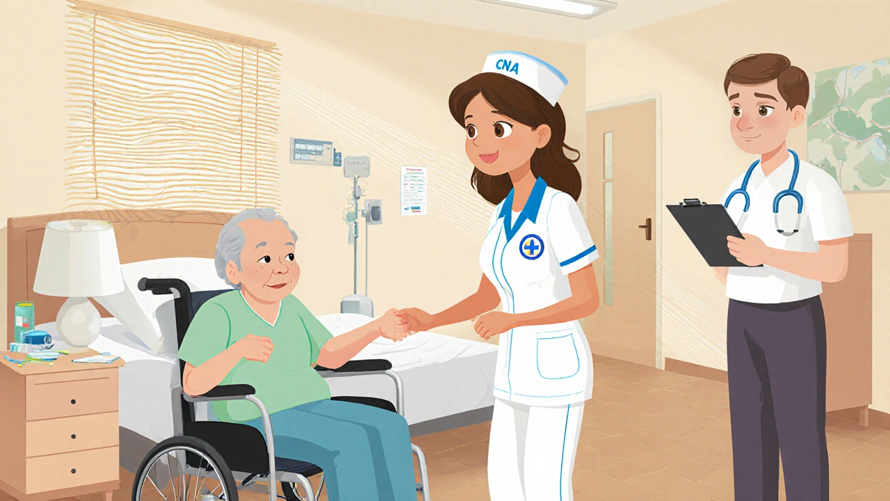 A CNA helping an elderly patient transfer from bed to wheelchair during a skills exam in a nursing home.