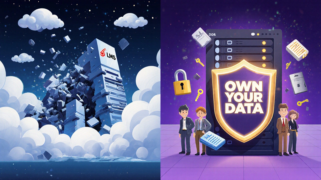 A company&#039;s logo falls as a cloud LMS vendor collapses, while a team securely backs up data from a protected self-hosted server.