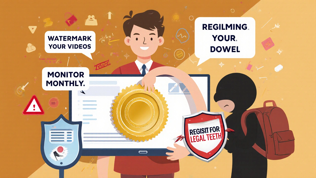 A creator sealing their course with copyright protection while warning signs glow nearby.