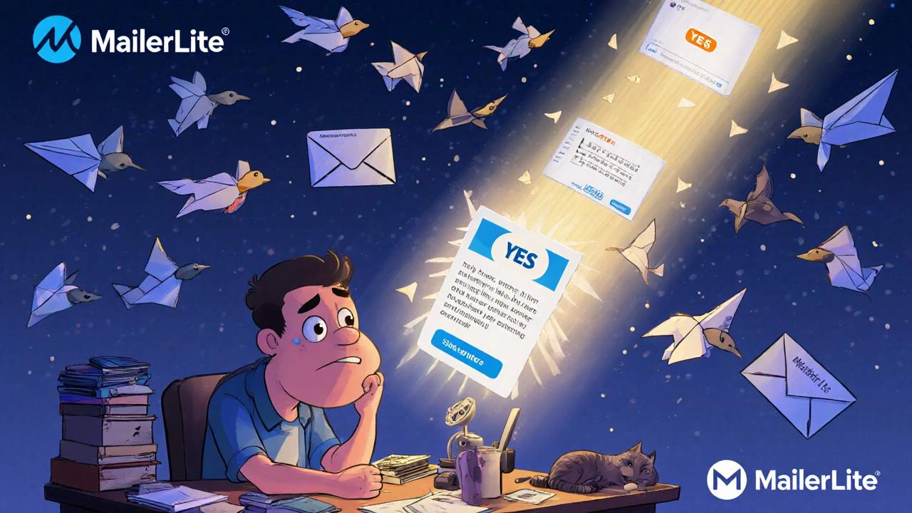 A creator surrounded by failed sales emails, illuminated by a single glowing nurture email with a &#039;YES&#039; button.