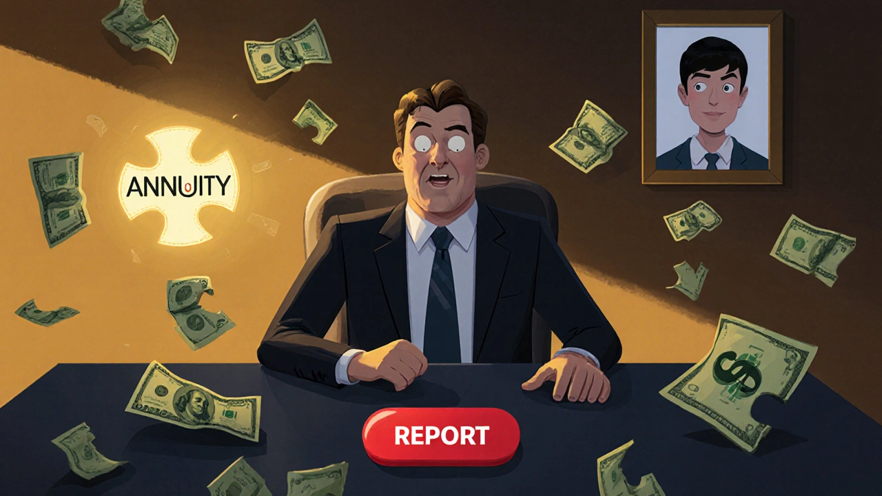A financial advisor surrounded by crumbling dollar bills, one labeled &#039;annuity&#039; glowing red, facing a client&#039;s photo.