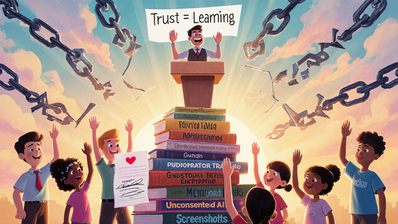 A founder stands on a podium of privacy tools as learners cheer, chains of data misuse breaking apart.