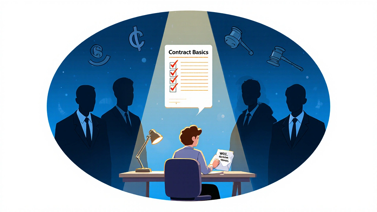 A freelancer holds a vague email while shadowy legal threats loom, but a checklist glows nearby.