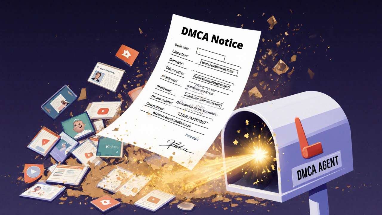 A glowing DMCA notice floating into a digital mailbox as infringing content disintegrates behind it.