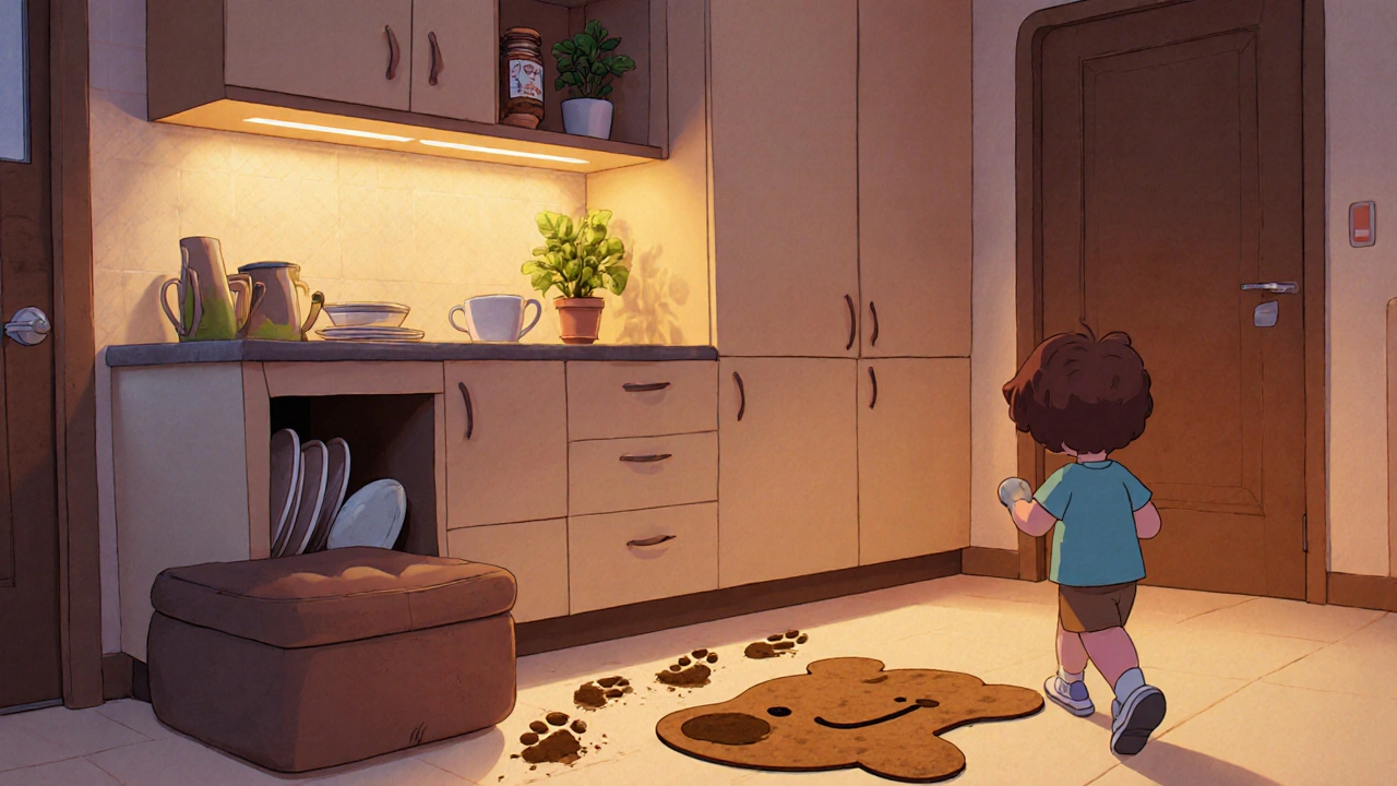 A kitchen with smart storage solutions: an ottoman with hidden storage, wall cabinets, and a single curated open shelf, with muddy footprints caught by a friendly mat.