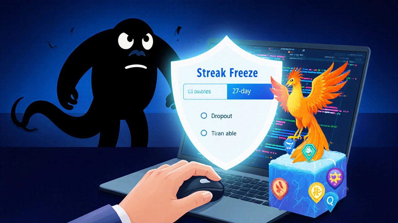 A learner protected by a Streak Freeze shield as a Dropout Monster retreats