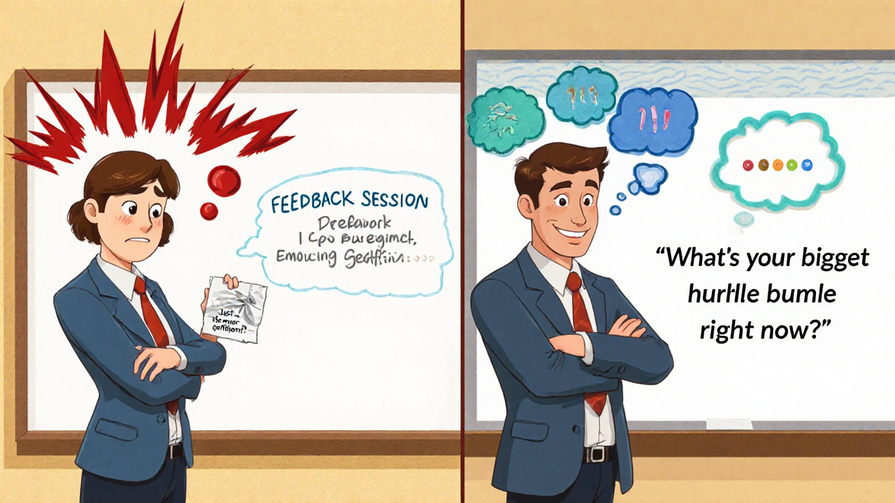 A manager comparing a negative vs. positive feedback conversation with visual emotion cues.