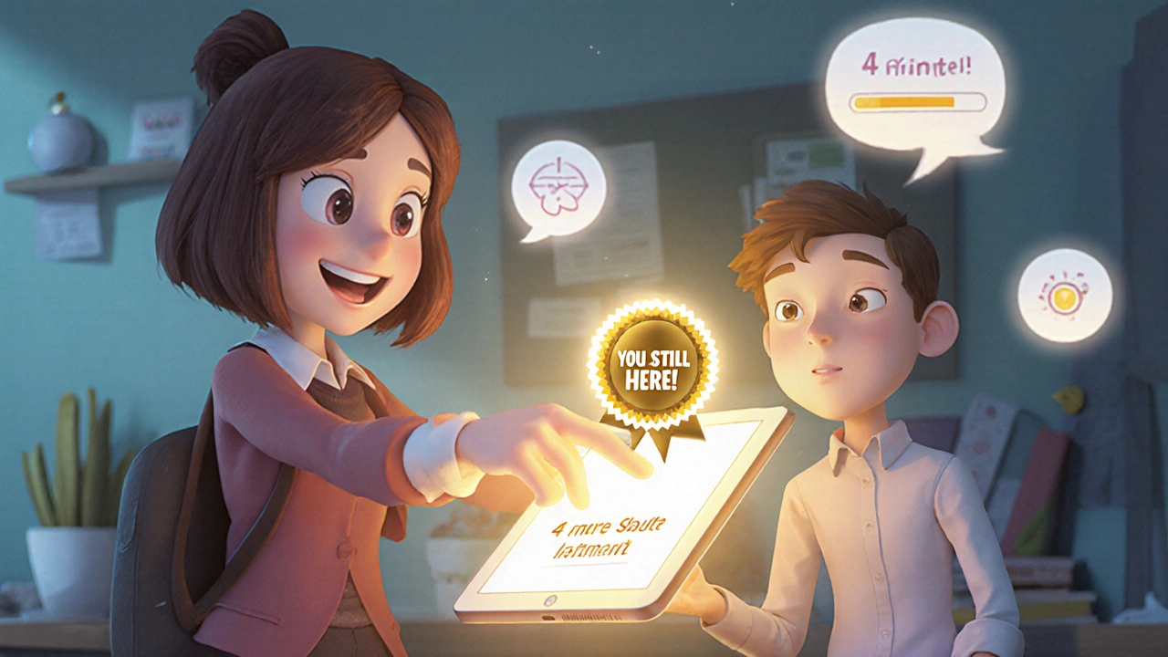 A mentor offers a glowing badge to a student who just clicked &#039;I&#039;m still in,&#039; with micro-actions floating nearby.