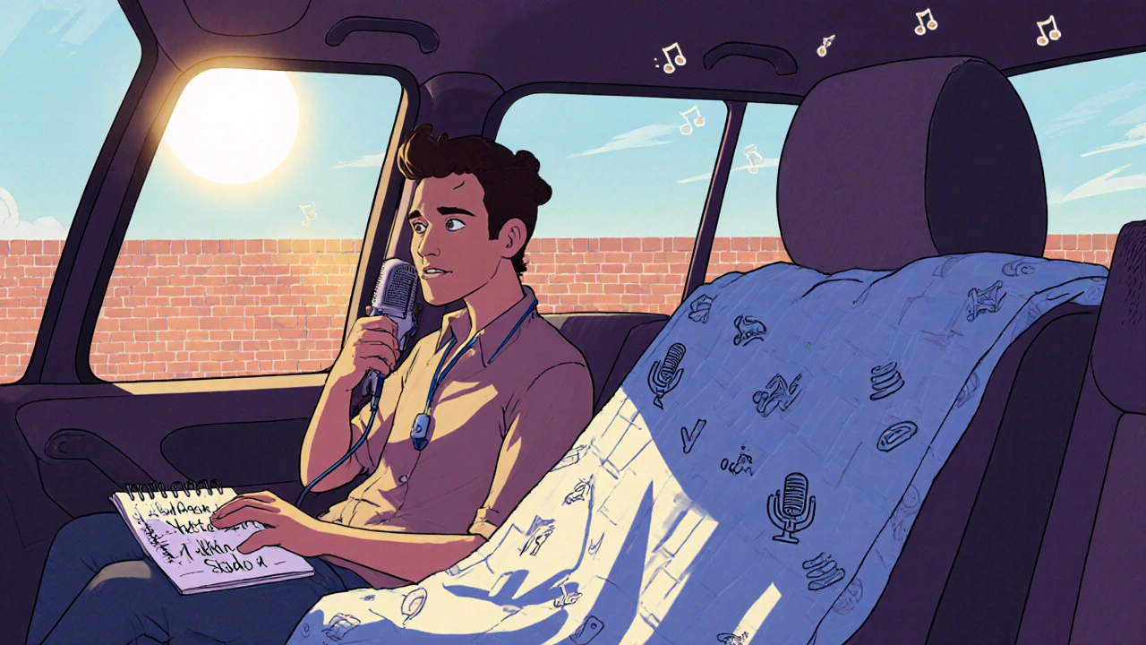 A podcaster recording in a parked car using a lapel mic, with a quilt as sound dampening and sunlight streaming in.