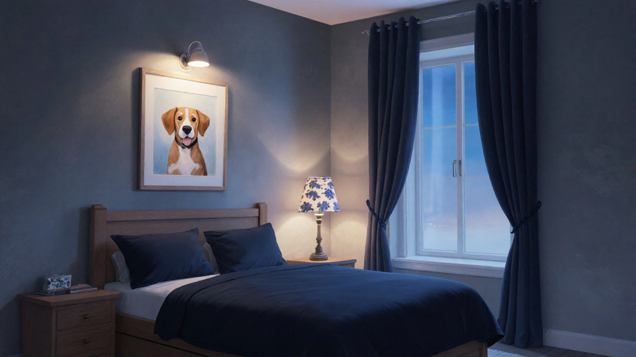 A serene bedroom with one meaningful piece of art, tall curtains, hidden bed storage, and a repurposed lamp glowing softly under warm twilight light.