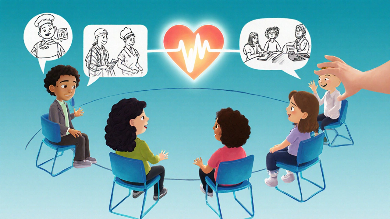 A small group of students share personal stories in a virtual circle, with a distant student being gently drawn back in.