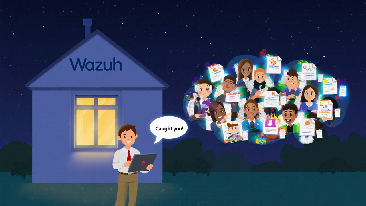 A small university at night with an IT staff member viewing a SIEM alert showing anomalous student downloads.