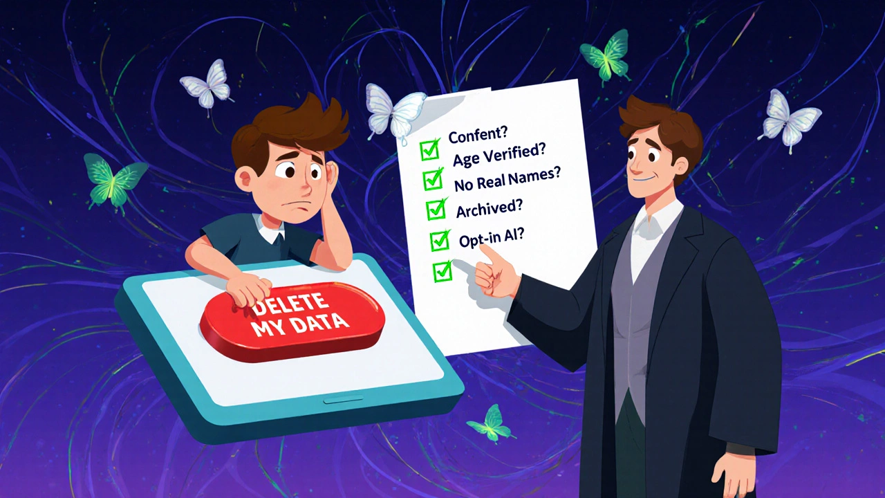 A student deleting data while a checklist glows green with privacy requirements.