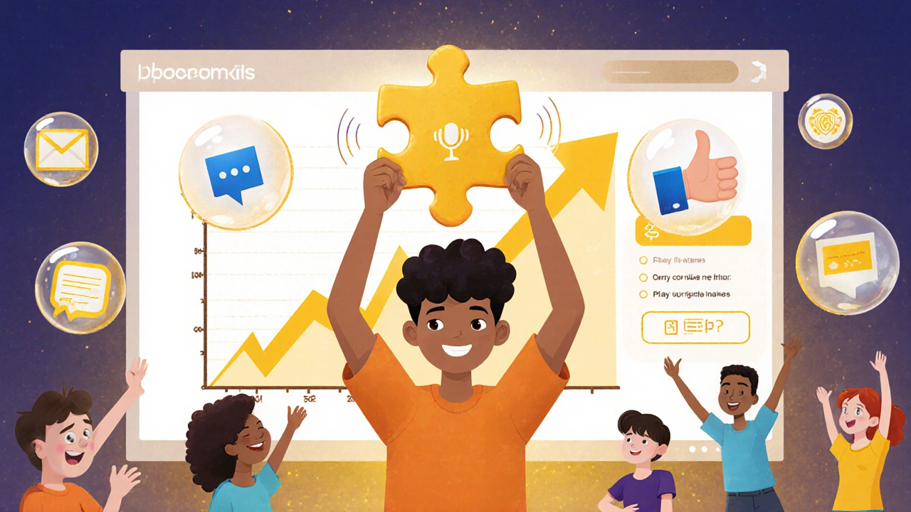 A student holding a personalized badge as feedback orbs and peer interactions float around them in a supportive online learning space.