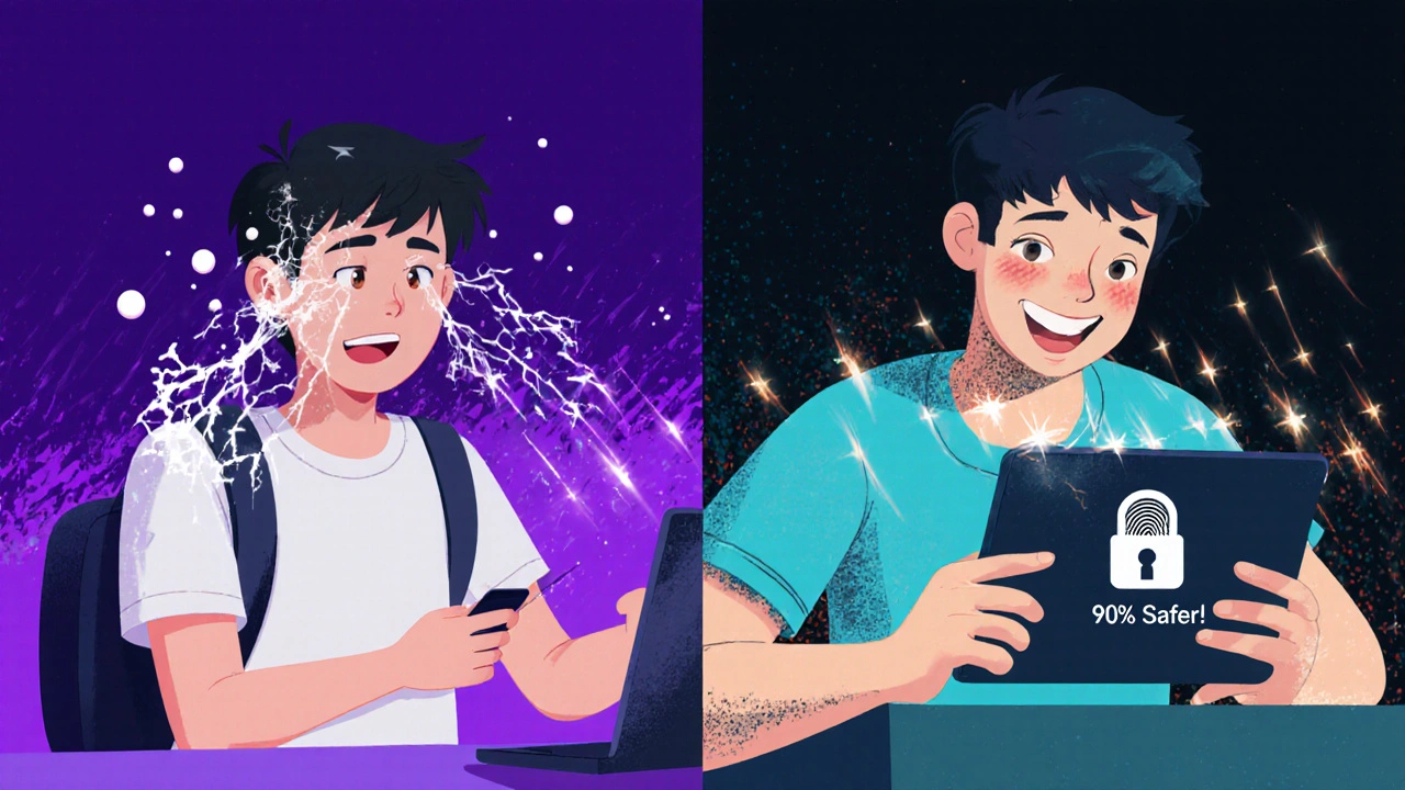 A student locked out on one side, then successfully logging in with fingerprint on the other, with a &#039;99% Safer!&#039; progress bar.