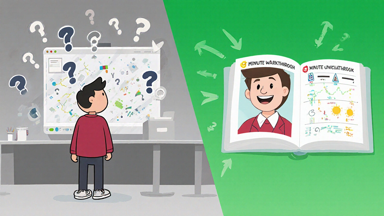 A student struggling with a lab simulation transforms as a helpful video guide appears, turning confusion into clarity.