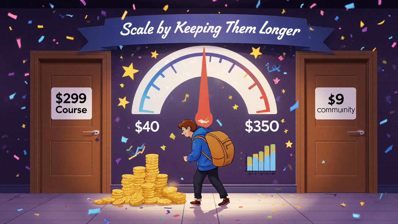 A student walks through three doors representing course upgrades, while their customer value increases.