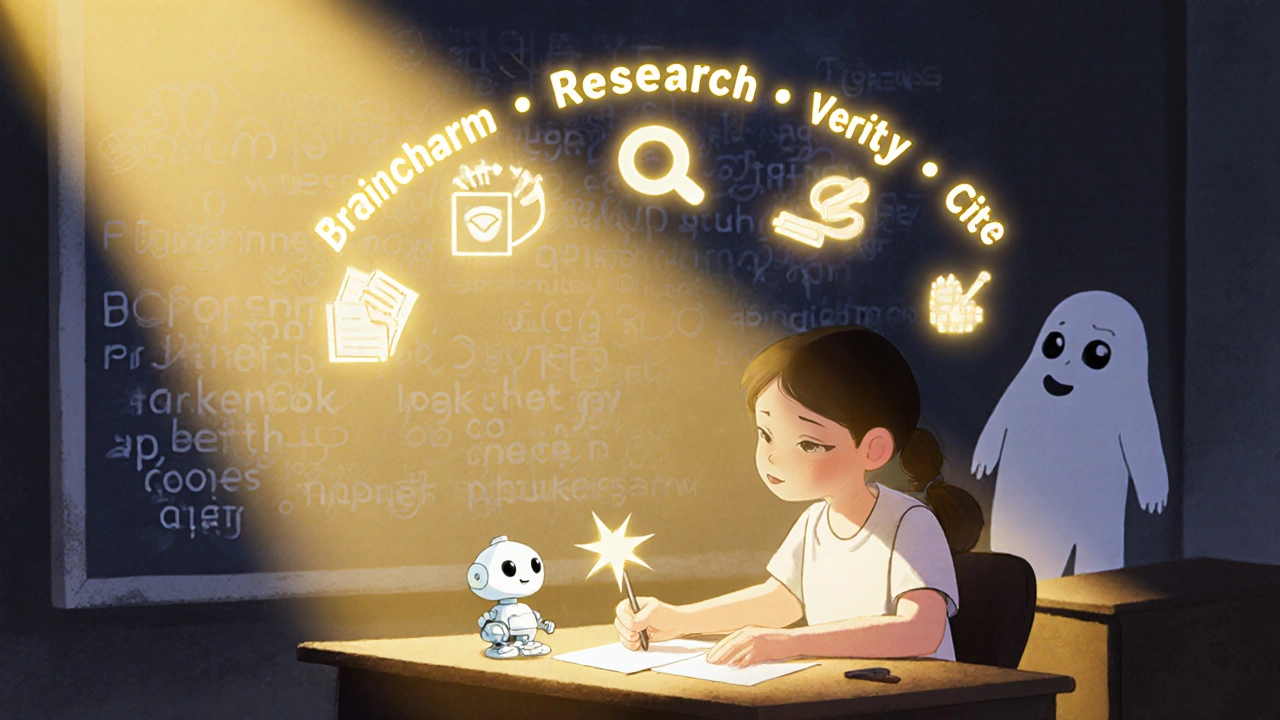 A student writing with an AI assistant offering ideas, as ethical steps glow around them.