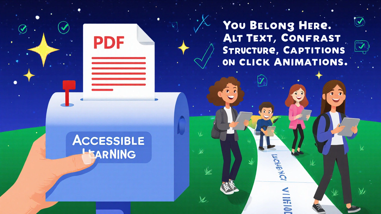 A tagged PDF being sent to learners of all abilities, with a &#039;You Belong Here&#039; sign in the background.