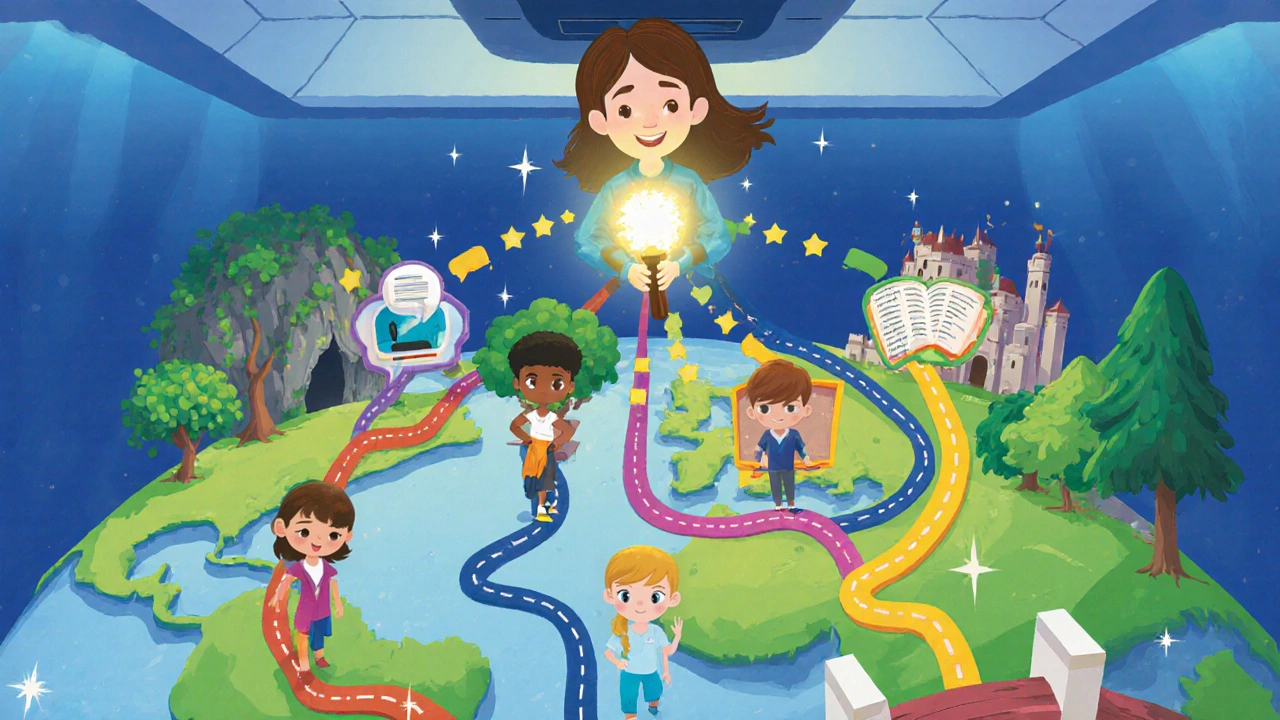 A teacher guiding students along colorful, branching learning pathways in a digital classroom filled with interactive icons.