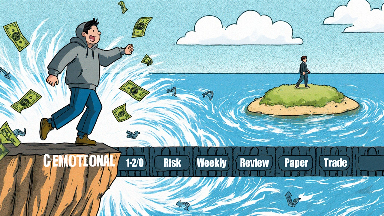 A trader hesitating at the edge of a cliff of emotional trading, with a safe bridge of rules leading to profit.