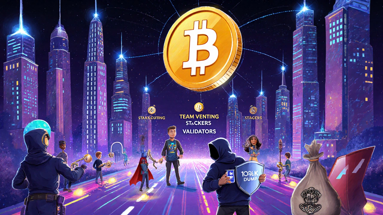 A vibrant blockchain city with users, tokens, and security guards protecting against token dumps.