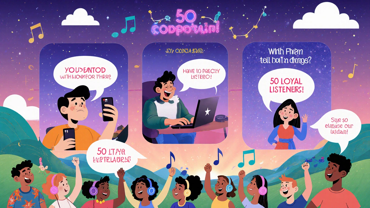 A visual timeline showing a creator’s journey from nervous beginner to confident podcaster with loyal listeners.