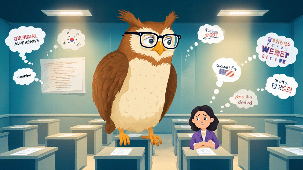 A wise owl guiding a confused candidate through exam questions, replacing American idioms with local cultural equivalents.