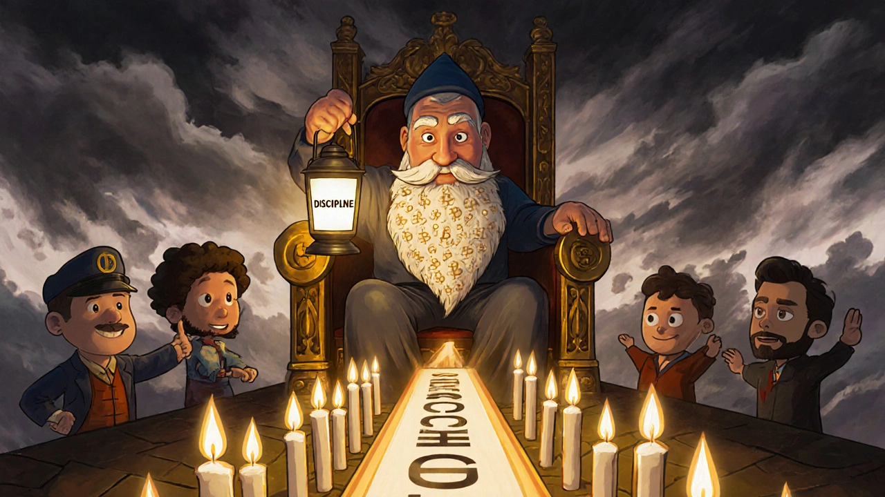 A wise trader sits on a stablecoin throne with a discipline lantern, guiding others past a storm of liquidations in cartoon style.