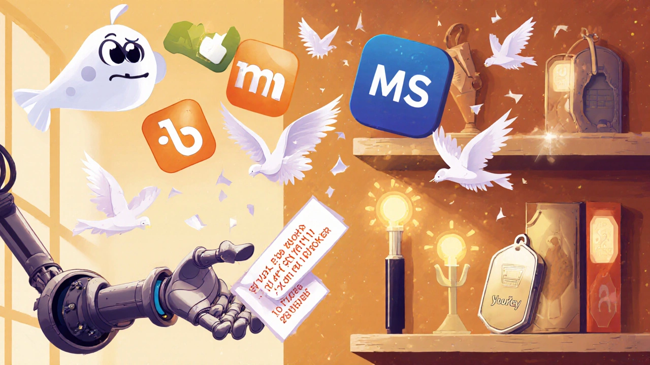 An admin dashboard with LMS icons handing out backup codes, while SMS codes crumble and YubiKeys glow like magic wands.