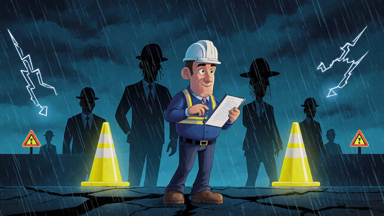An engineer hesitating to sign off on a cracked bridge, shadowy figures behind him, warning bolts glowing.