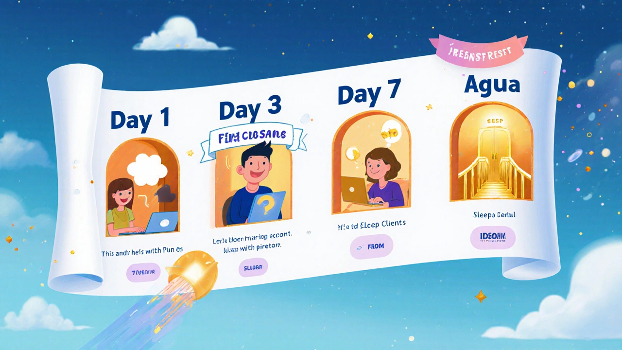 An illustrated email sequence shows daily progress toward better sleep with a golden bridge to a paid course.