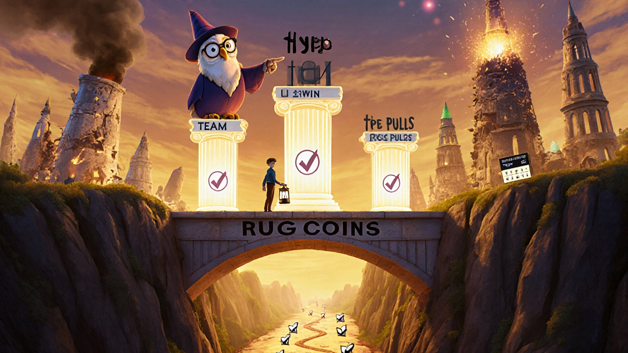 An owl guiding an investor across a bridge to solid crypto projects, while hype coins crumble behind.