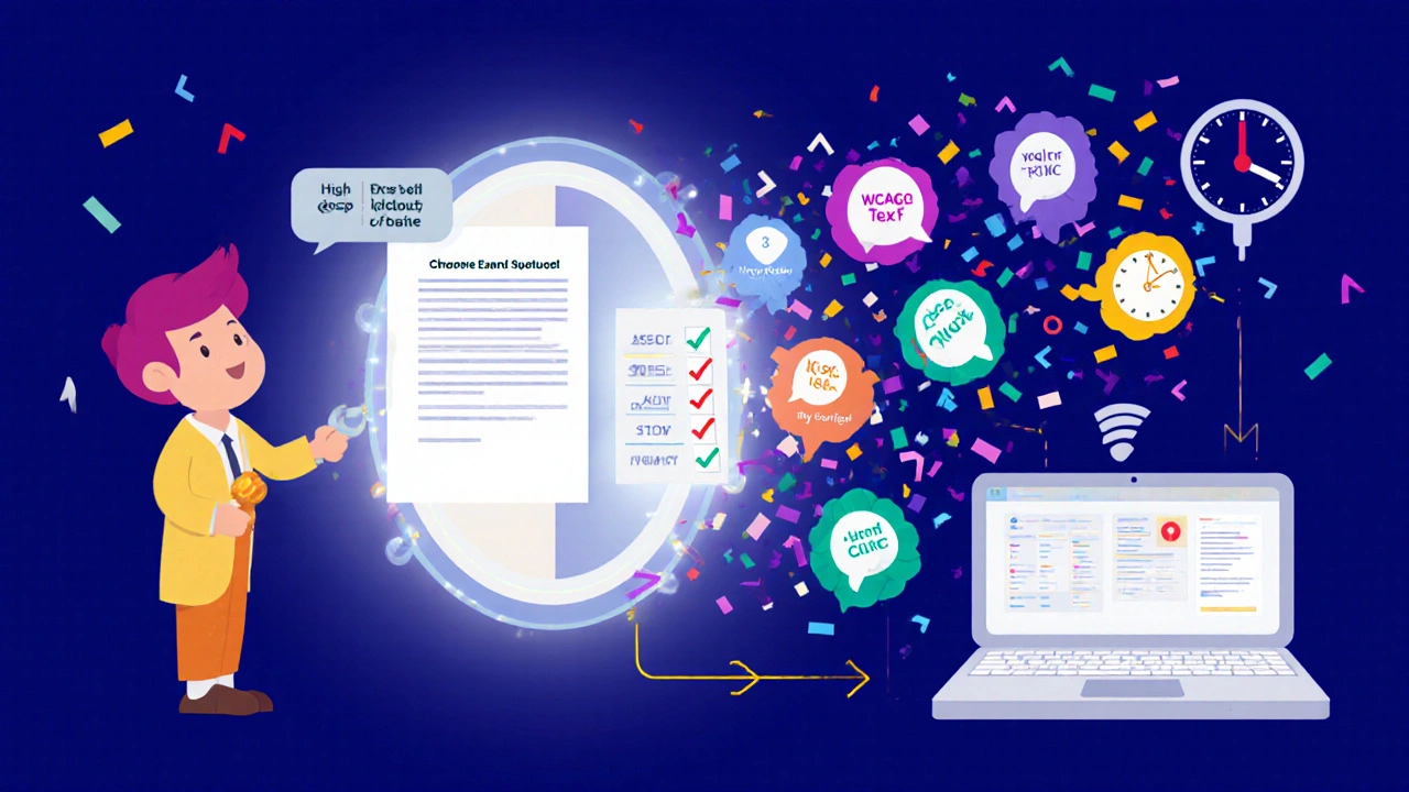 Candidate submitting accommodation request as WCAG compliance icons fly out from a digital portal.