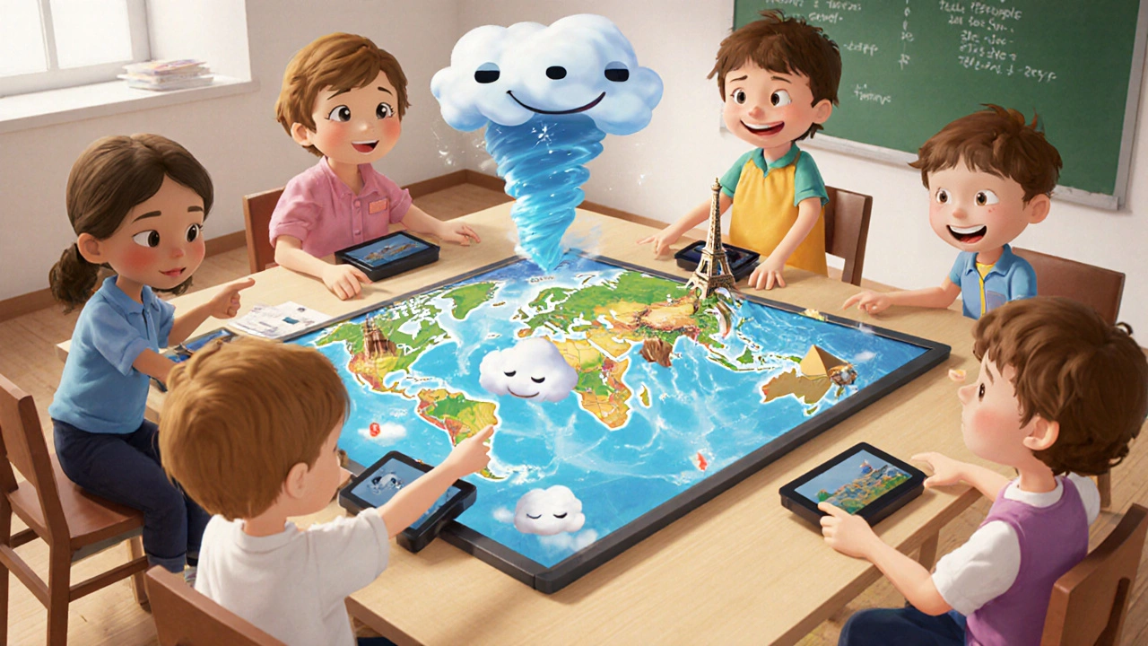 Children pointing tablets at a map as 3D landmarks and weather appear around them.