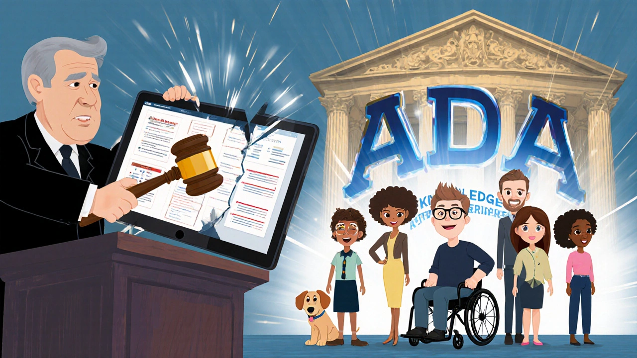 Courtroom scene with broken inaccessible exam tablet and ADA statute shining over empowered test-takers.