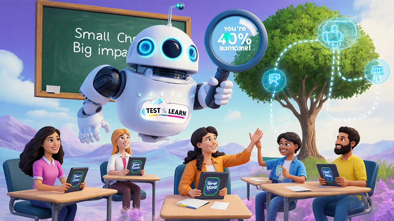 Diverse learners in a digital classroom with a robot guiding them through testing, progress bars, and feedback bubbles.
