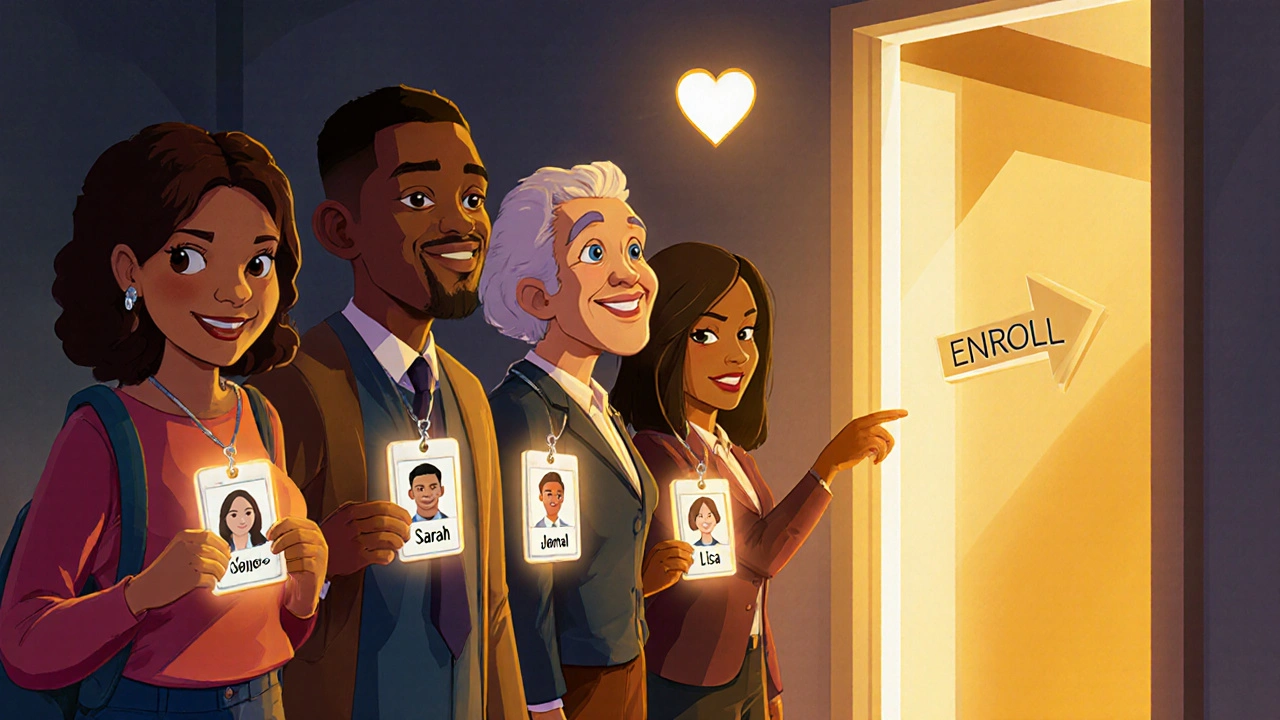 Diverse students holding glowing badges showing career transformations, with a golden enroll door in the background.